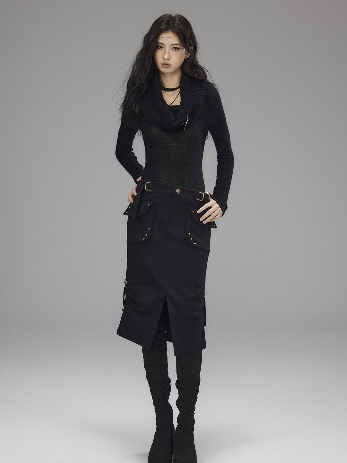 Wool Blend Low Rise Cargo Pockets Front Slit Hline Casual Black Midi Skirts