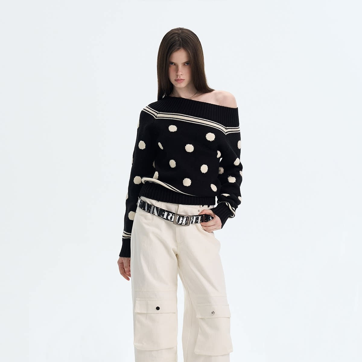 Cozy Thermal Acrylic Wool Polka Dot Boat Neck Relaxed Women Knit Sweaters