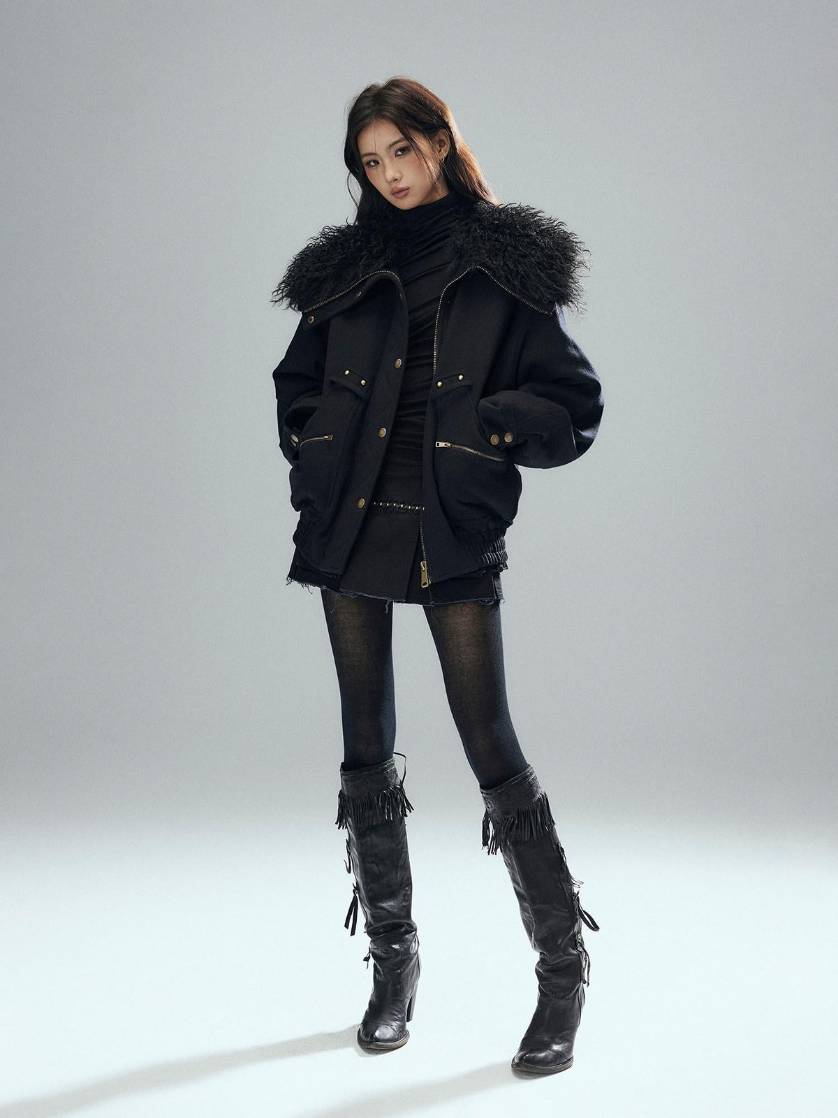 Thick Wool Blend Multi Pocket Loose Fit Sexy Girl Black Zipper Cropped Jackets
