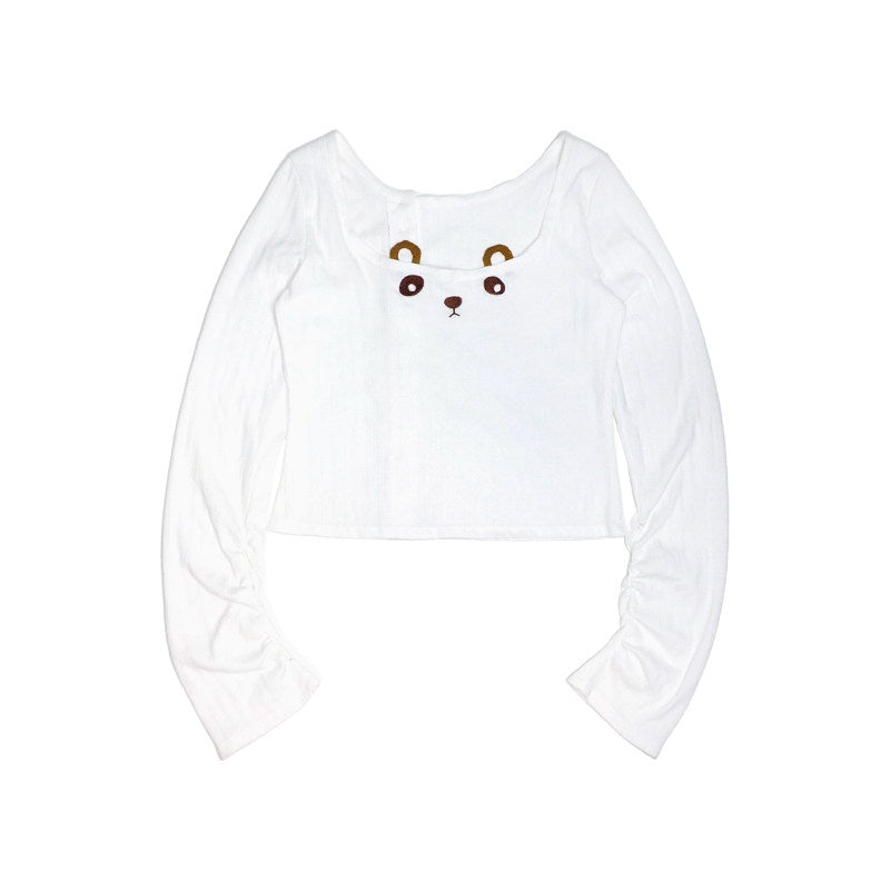 Pure Cotton Long Sleeve Casual Cute Bear Women Off Shoulder Crop Tops