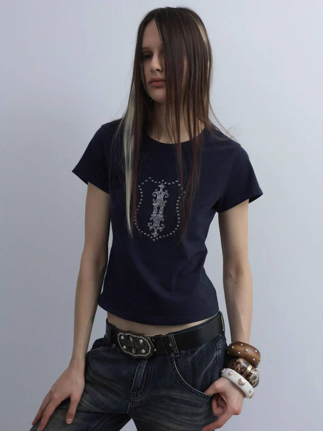 Cropped Hotfix Rhinestone Slim Fit Vintage Women'S Cotton Short Sleeve T-Shirts