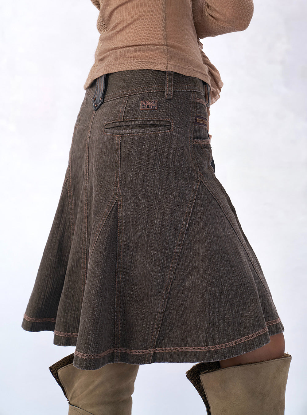 Brown Wash Stitch Denim Skirt