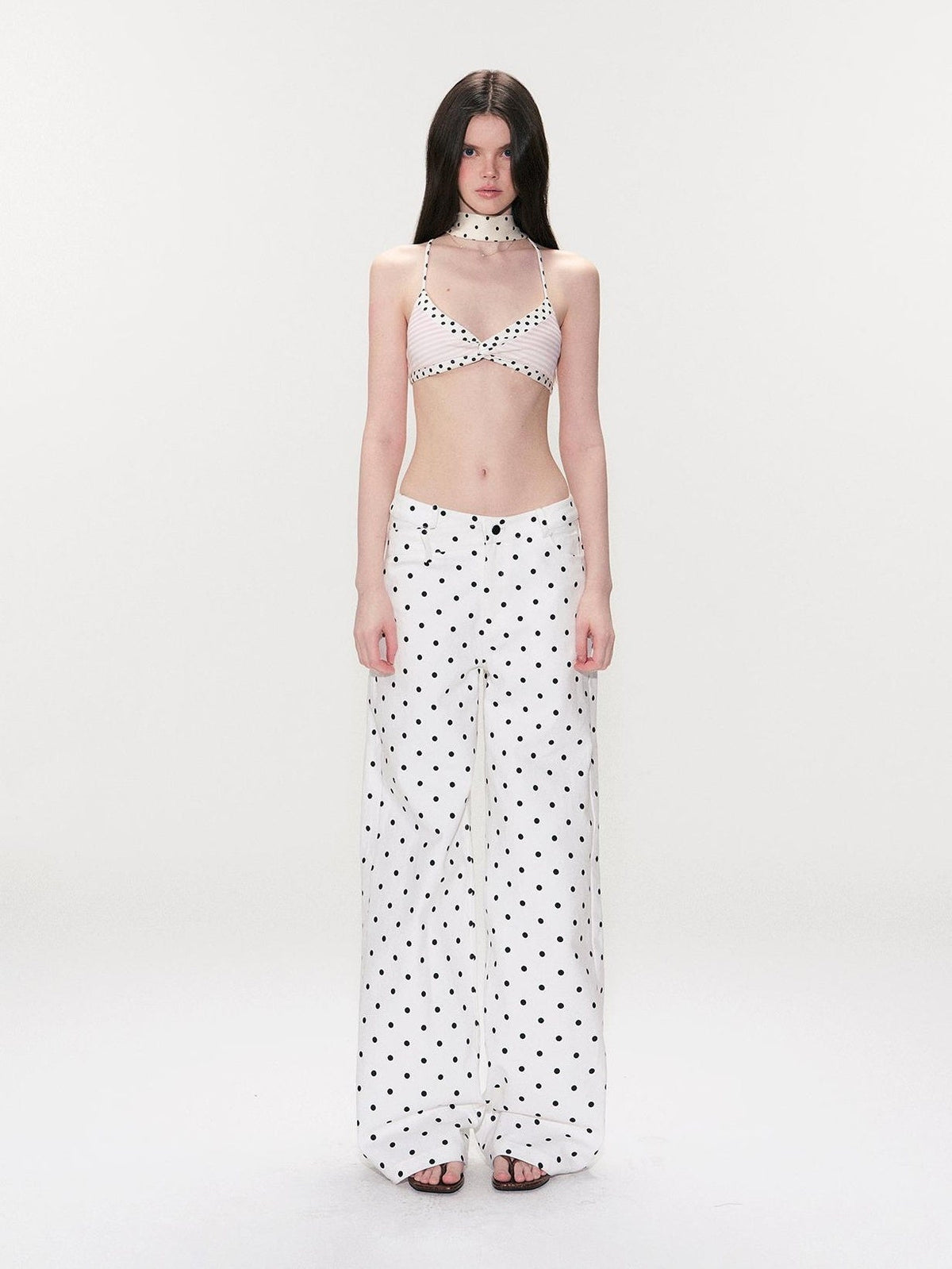 White Polka Dot V Waist Loose Fit Button Fly Women Denim Straight Leg Jeans
