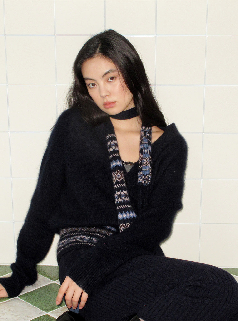 Navy Diamond Knit Open Cardigan