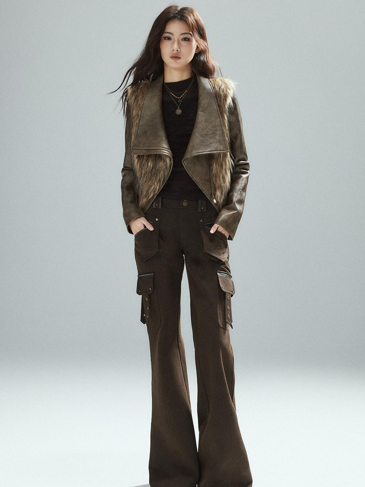 Thick Waist Cinch Patchwork Street Style Women Brown Zipper Lapel Cropped Jackets