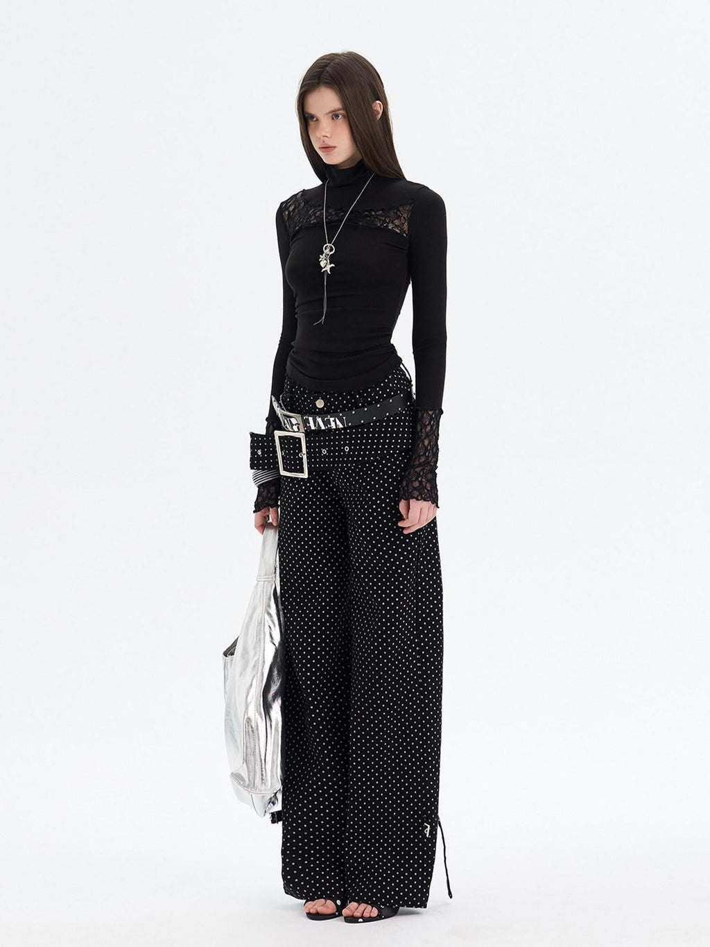 Sexy Slim Viscose Knit High Neck Women Splice Black White Long Sleeve T-Shirts