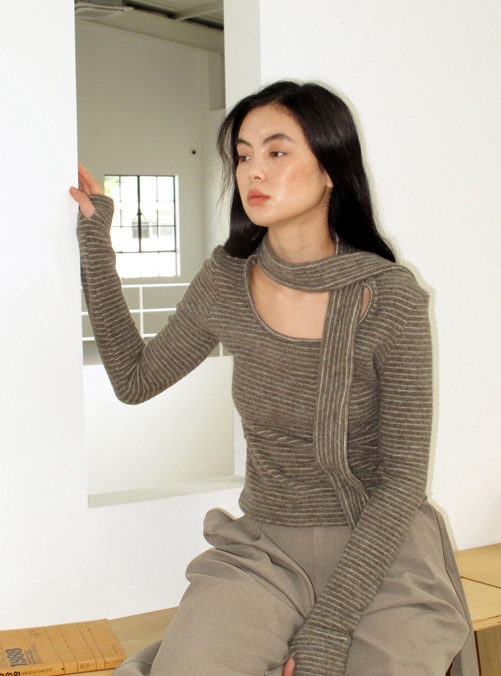 Dusty Gray Knit Striped Tie Slim Top