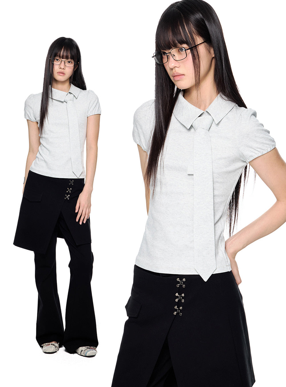 Tie Slim Fit Short Sleeve Top (2color)