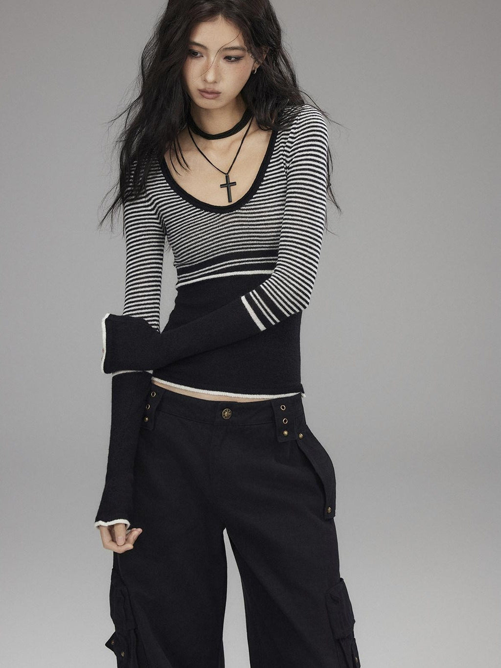 Soft Acrylic Slim V-neck Striped Casual Women Everyday Long Sleeve T-Shirts