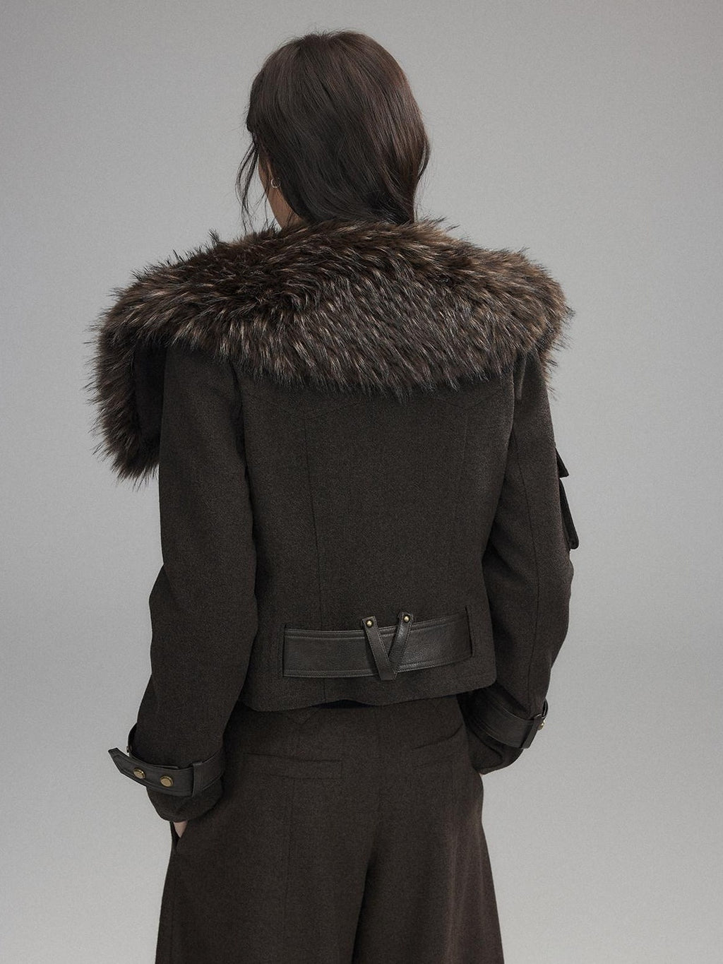 Thick Wool Blend Slim Fit Sexy Lapel Zipper Brown Everyday Women Cropped Jackets