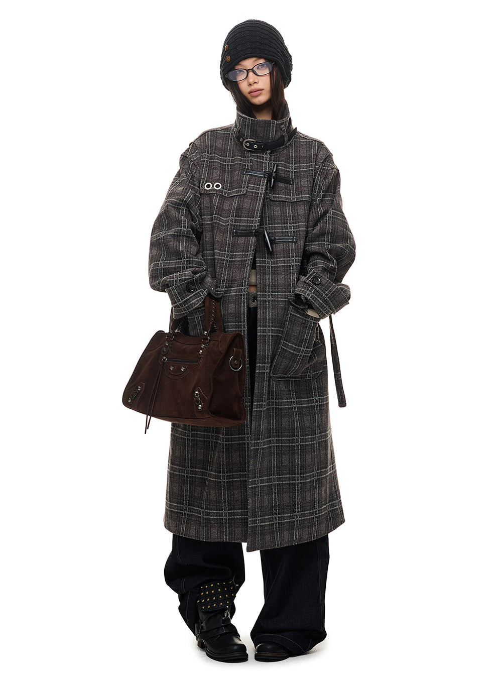 Stand-Neck Check Pattern Long Coat