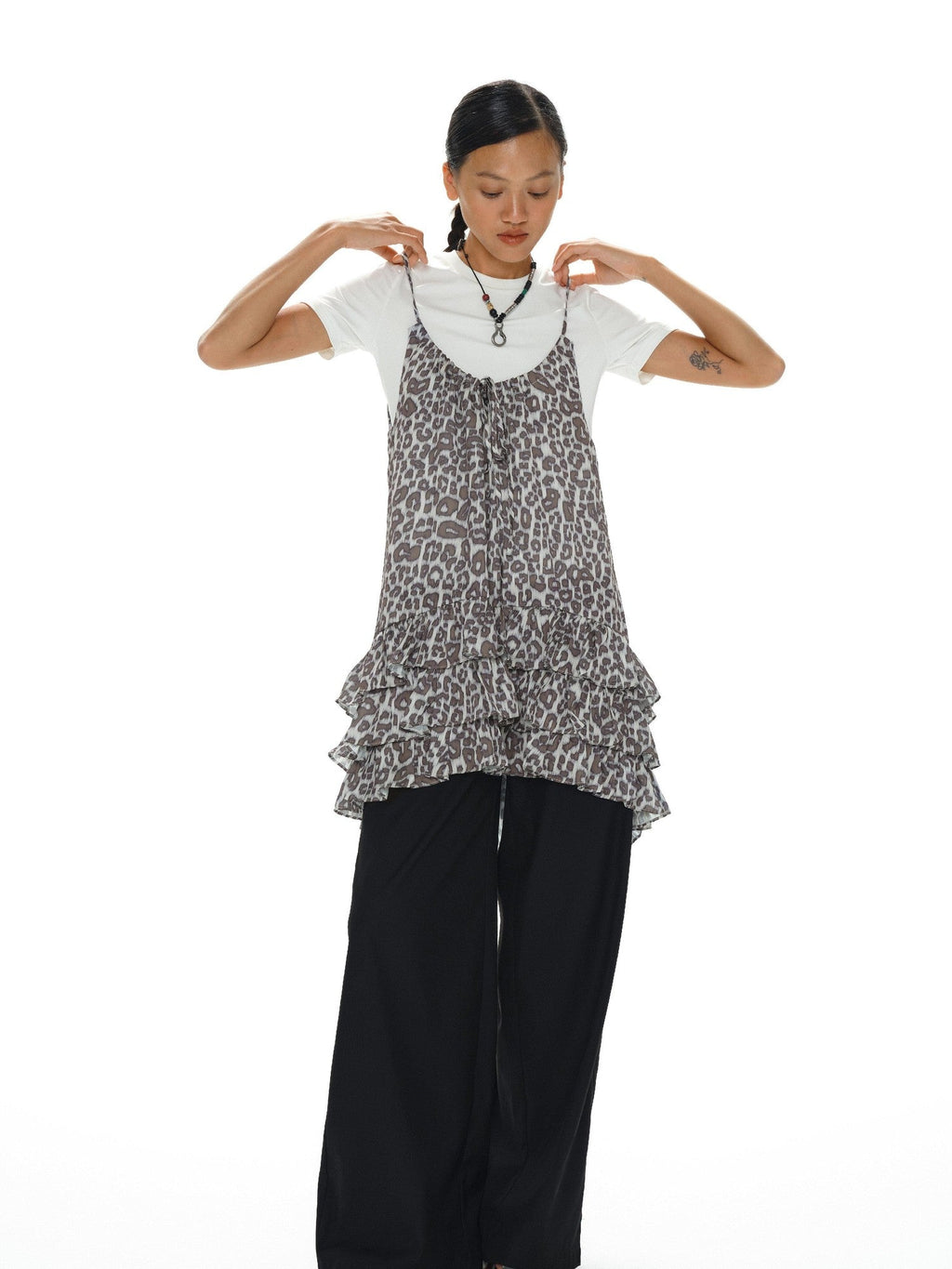 Leopard Print Ruffle Hem Adjustable Straps Women'S Polyester Slip Midi Dresses