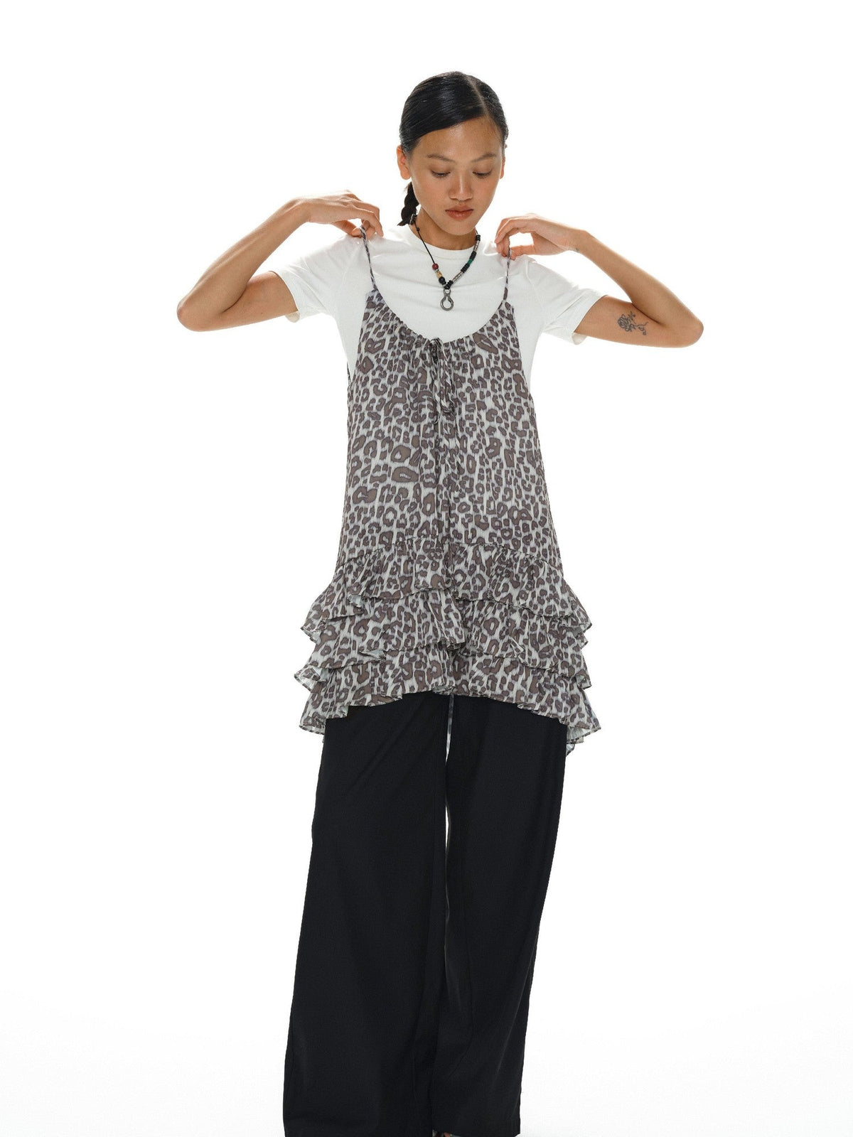 Leopard Print Ruffle Hem Adjustable Straps Women'S Polyester Slip Midi Dresses