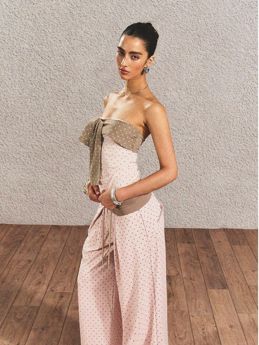 Polka Dot Cotton Two Piece Colorblock Sexy High Waist Pants Tube Tops