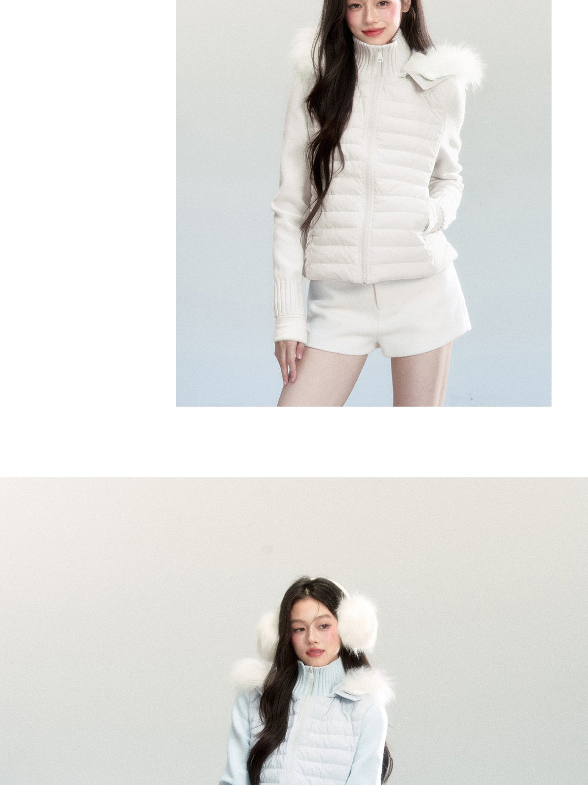 White Duck Down Layered Style Zip-Up Top