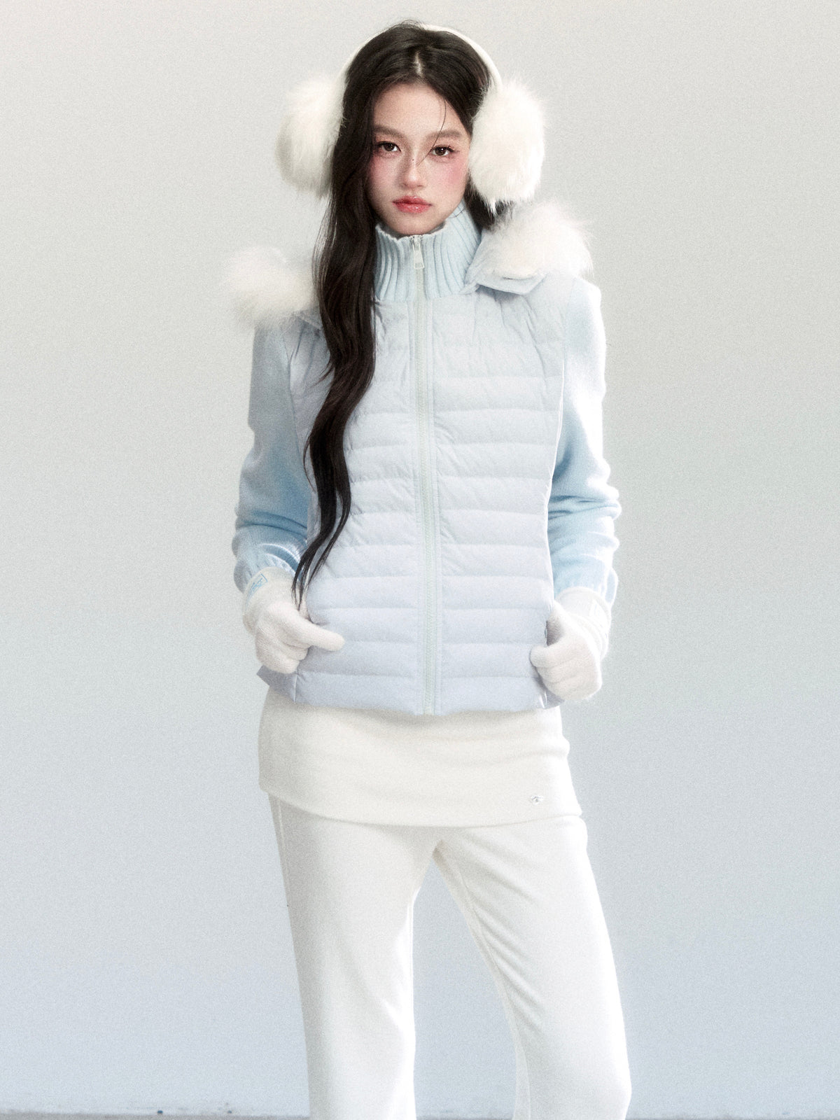 White Duck Down Layered Style Zip-Up Top