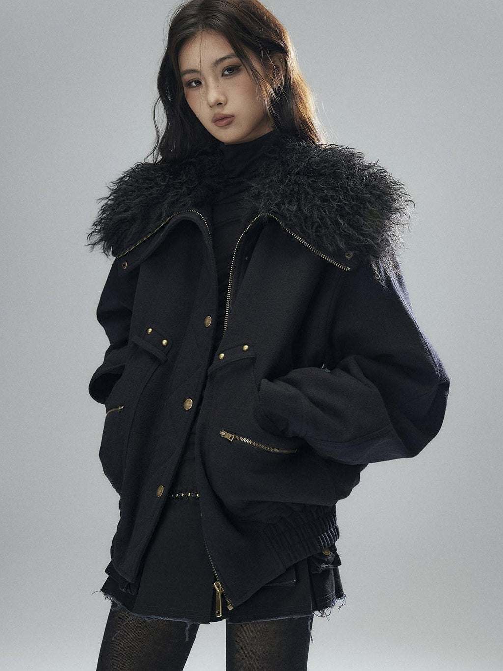 Thick Wool Blend Multi Pocket Loose Fit Sexy Girl Black Zipper Cropped Jackets