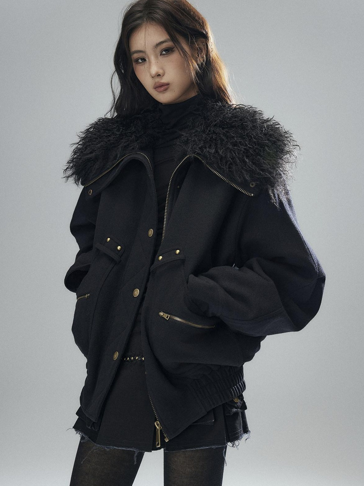 Thick Wool Blend Multi Pocket Loose Fit Sexy Girl Black Zipper Cropped Jackets