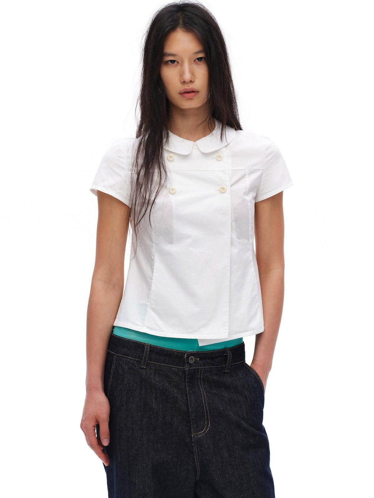 White Double Button Peter Pan Collar Slim Fit Short Sleeve Women'S Cotton Shirts