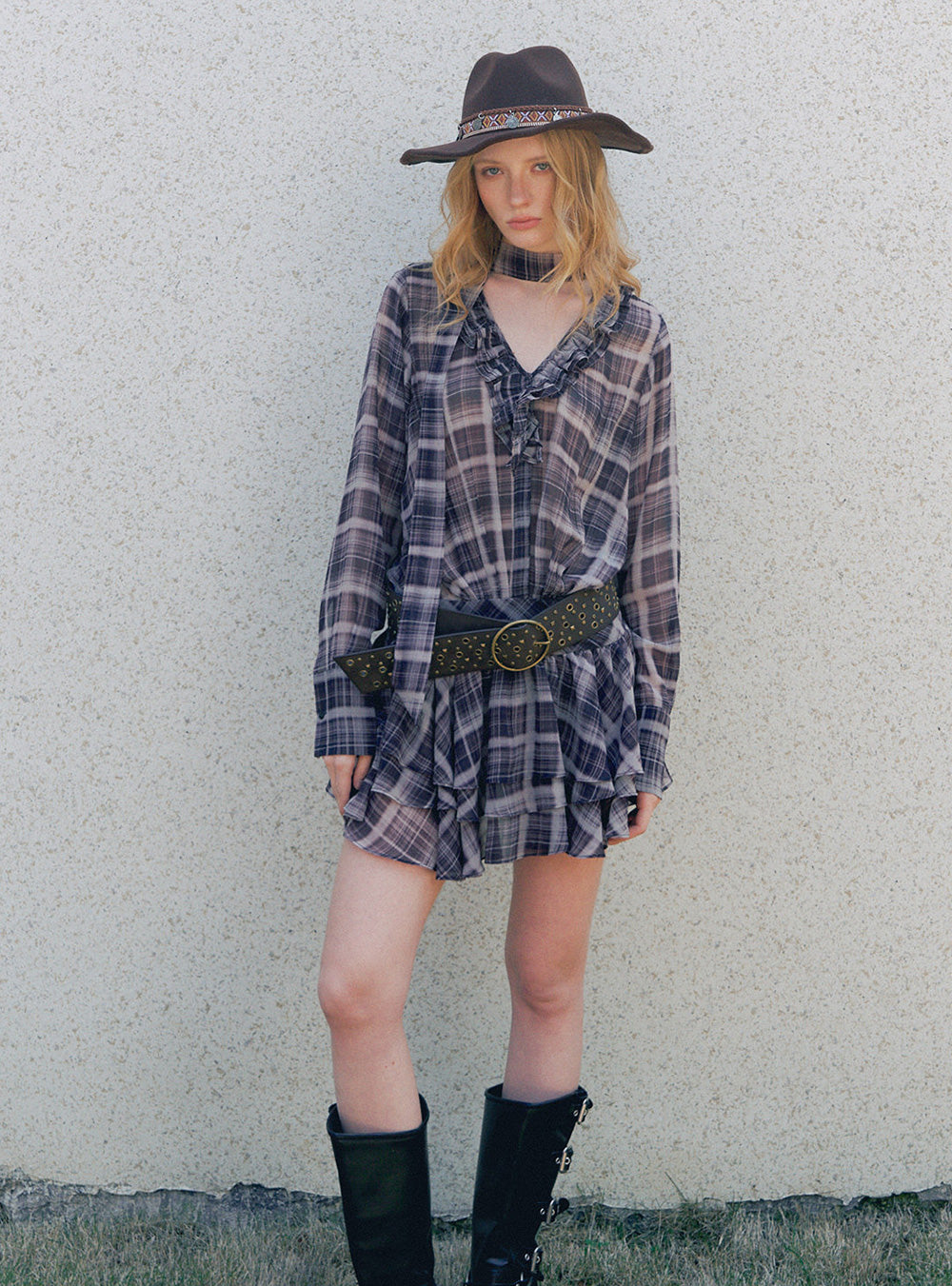 Phantom Plaid Ruffle Tie Mini Dress