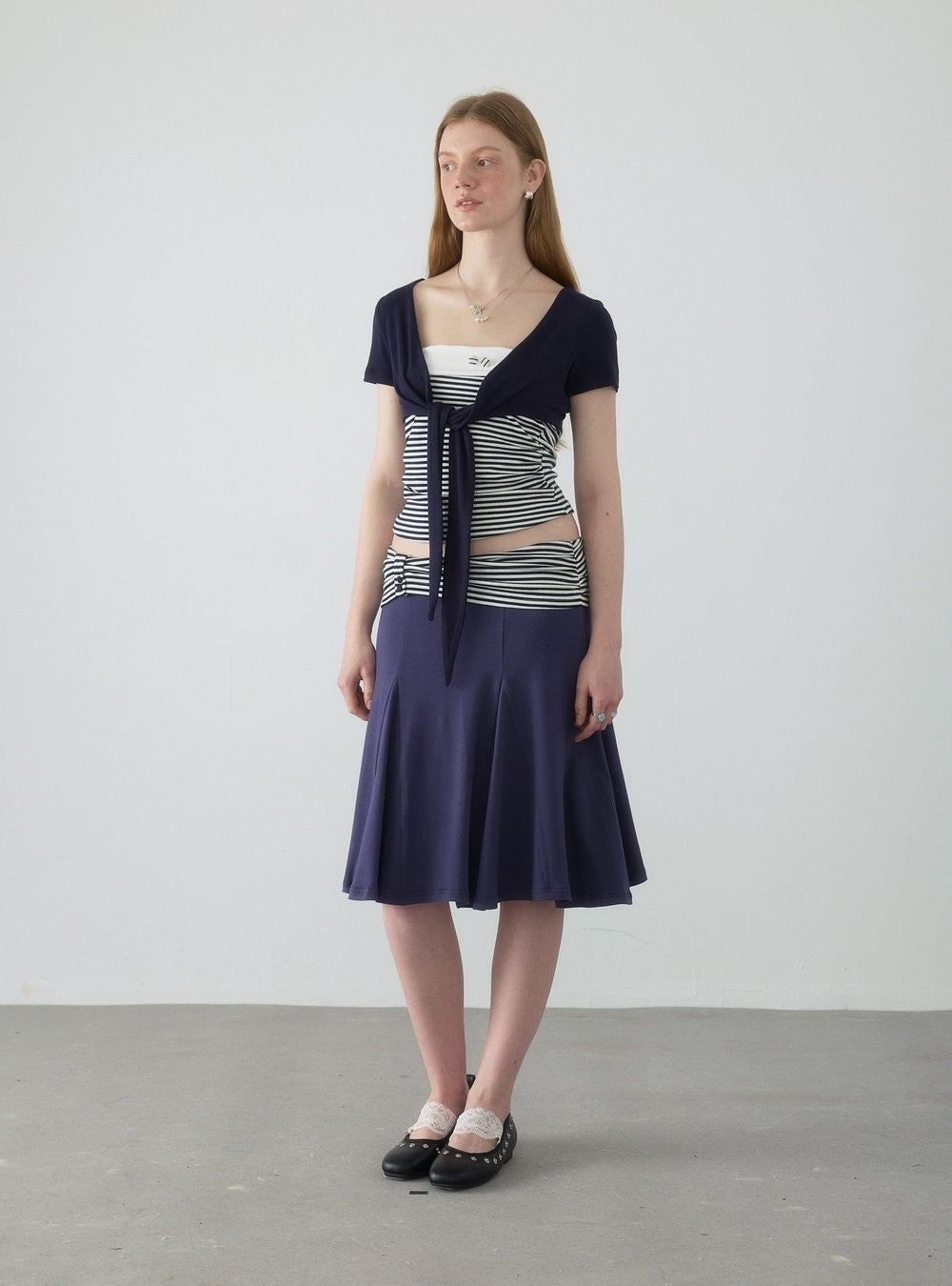 Navy Stripe Panel Flare Skirt