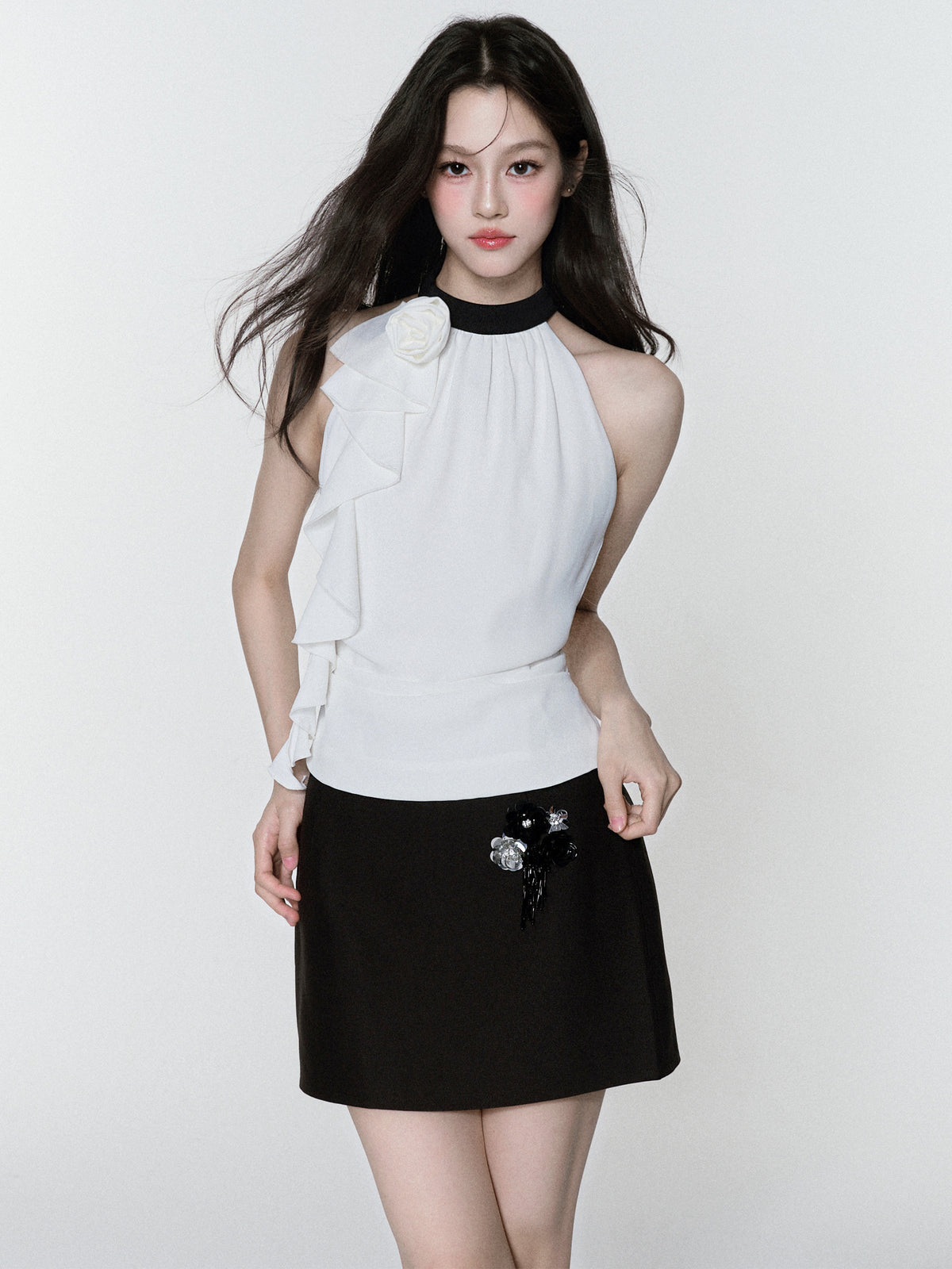 Zip-Up Chiffon Halter Top & Beaded Mini Skirt