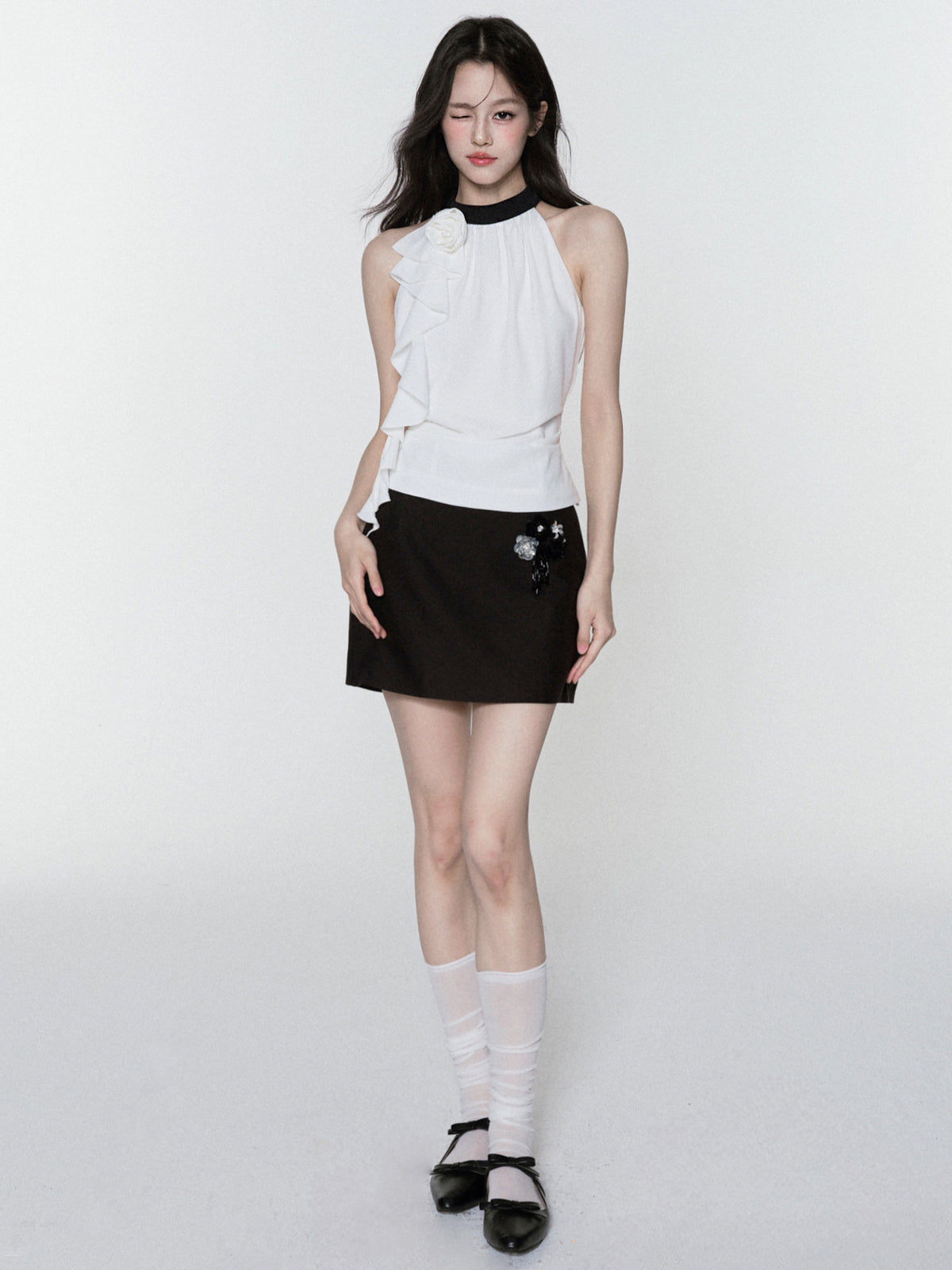 Zip-Up Chiffon Halter Top & Beaded Mini Skirt