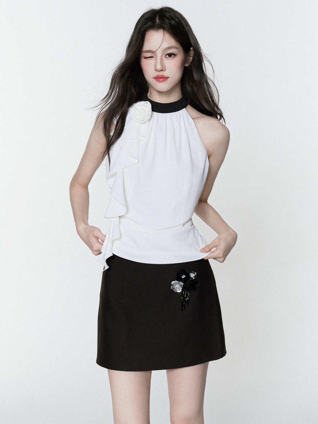 Zip-Up Chiffon Halter Top & Beaded Mini Skirt
