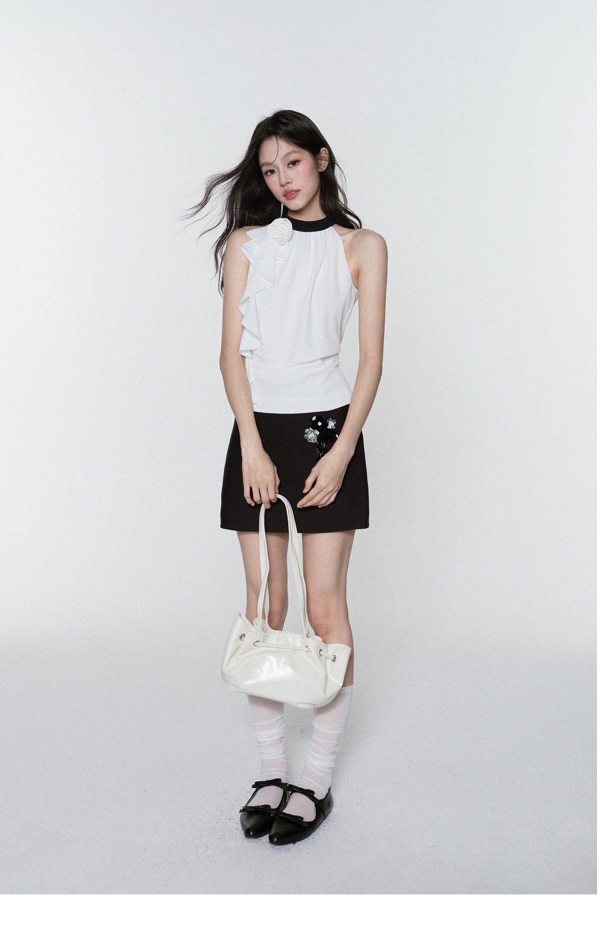 Zip-Up Chiffon Halter Top & Beaded Mini Skirt