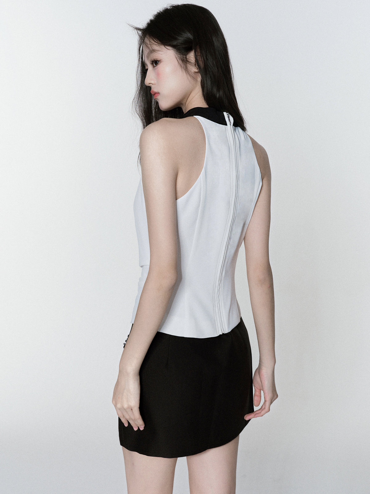 Zip-Up Chiffon Halter Top & Beaded Mini Skirt