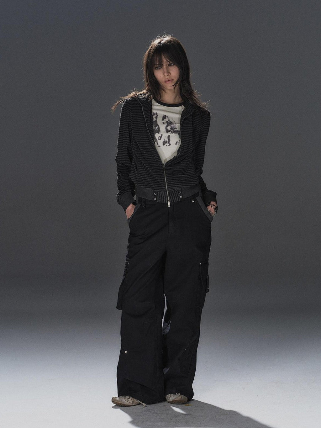 Black Gray Striped Eyelet Tape Splice Punk Women'S Polyester Casual Jackets