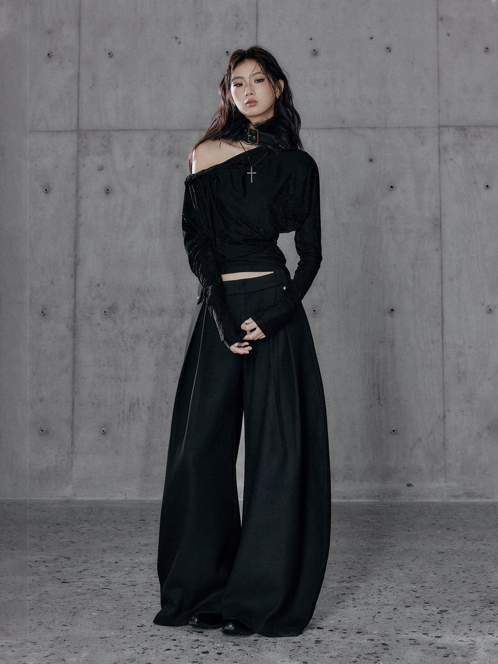 Vintage Waist Long Sleeve Slant Neck Black Knit Women Off Shoulder Crop Tops