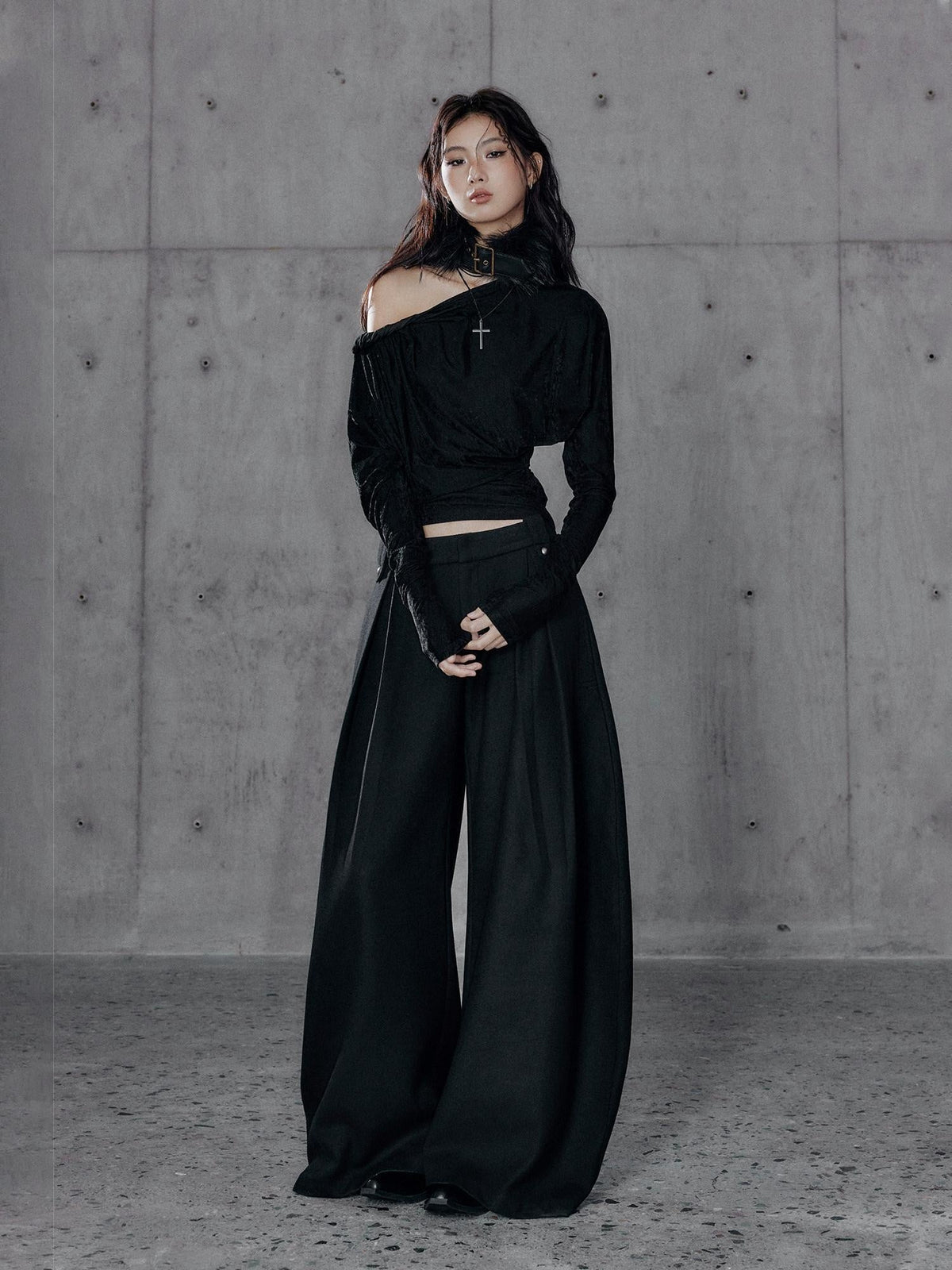 Vintage Waist Long Sleeve Slant Neck Black Knit Women Off Shoulder Crop Tops