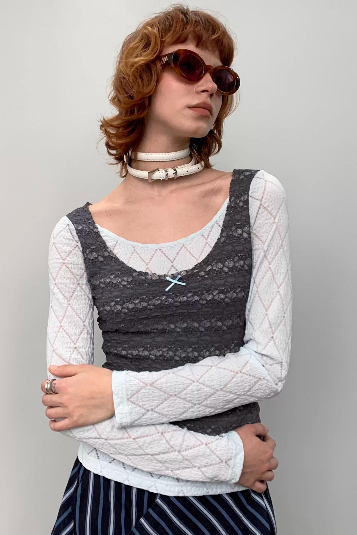 Blue-Gray Lace Knit Top