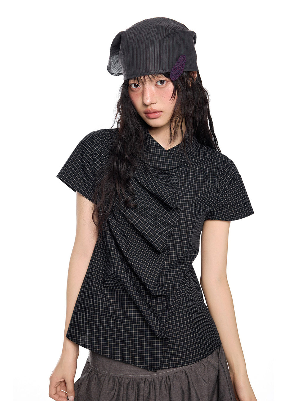 Oblique Fold Drape Blouse Top (3color)