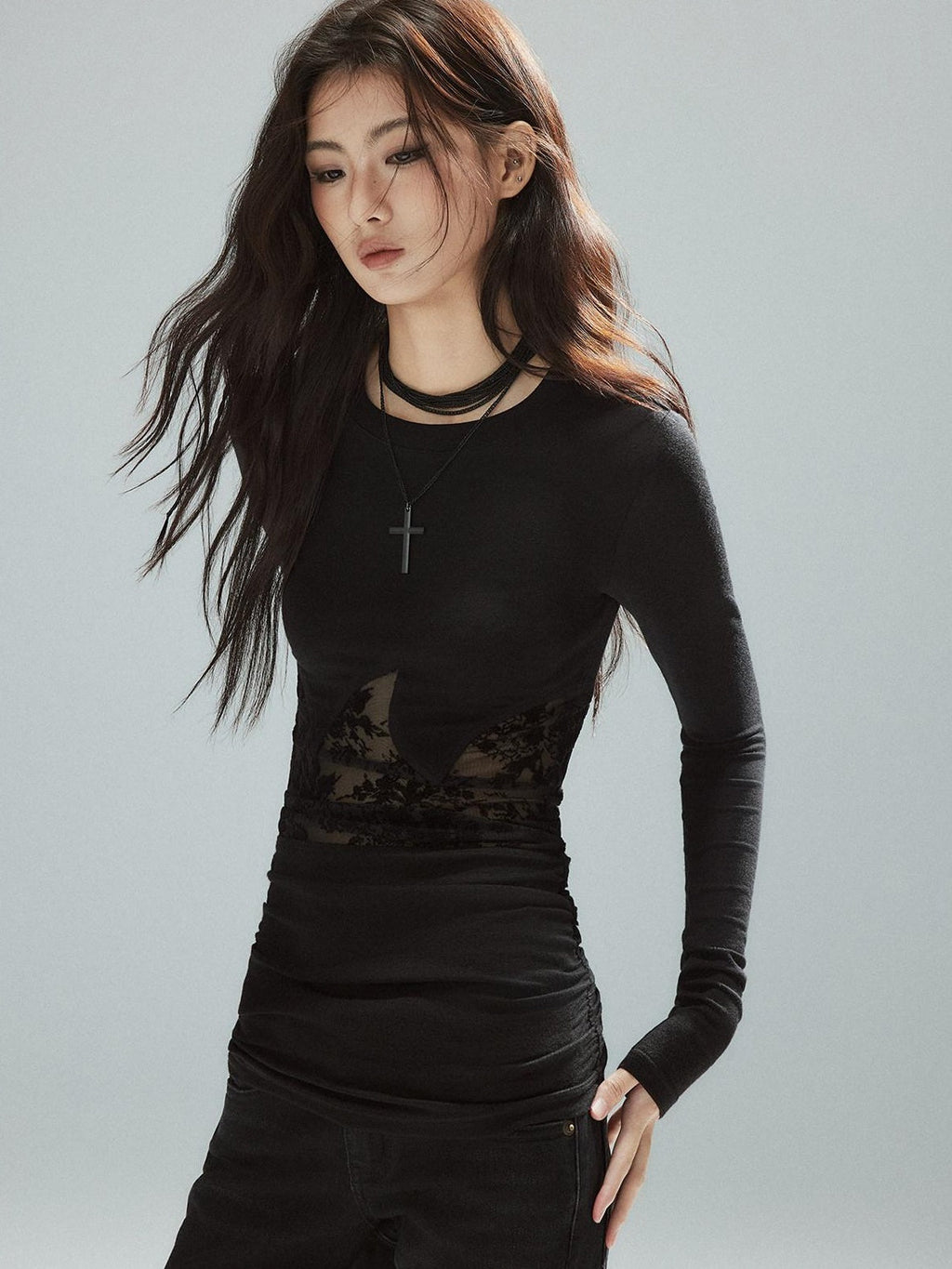 Asymmetrical Patchwork Slim Streetwear Black Lyocell Long Sleeve T-Shirts