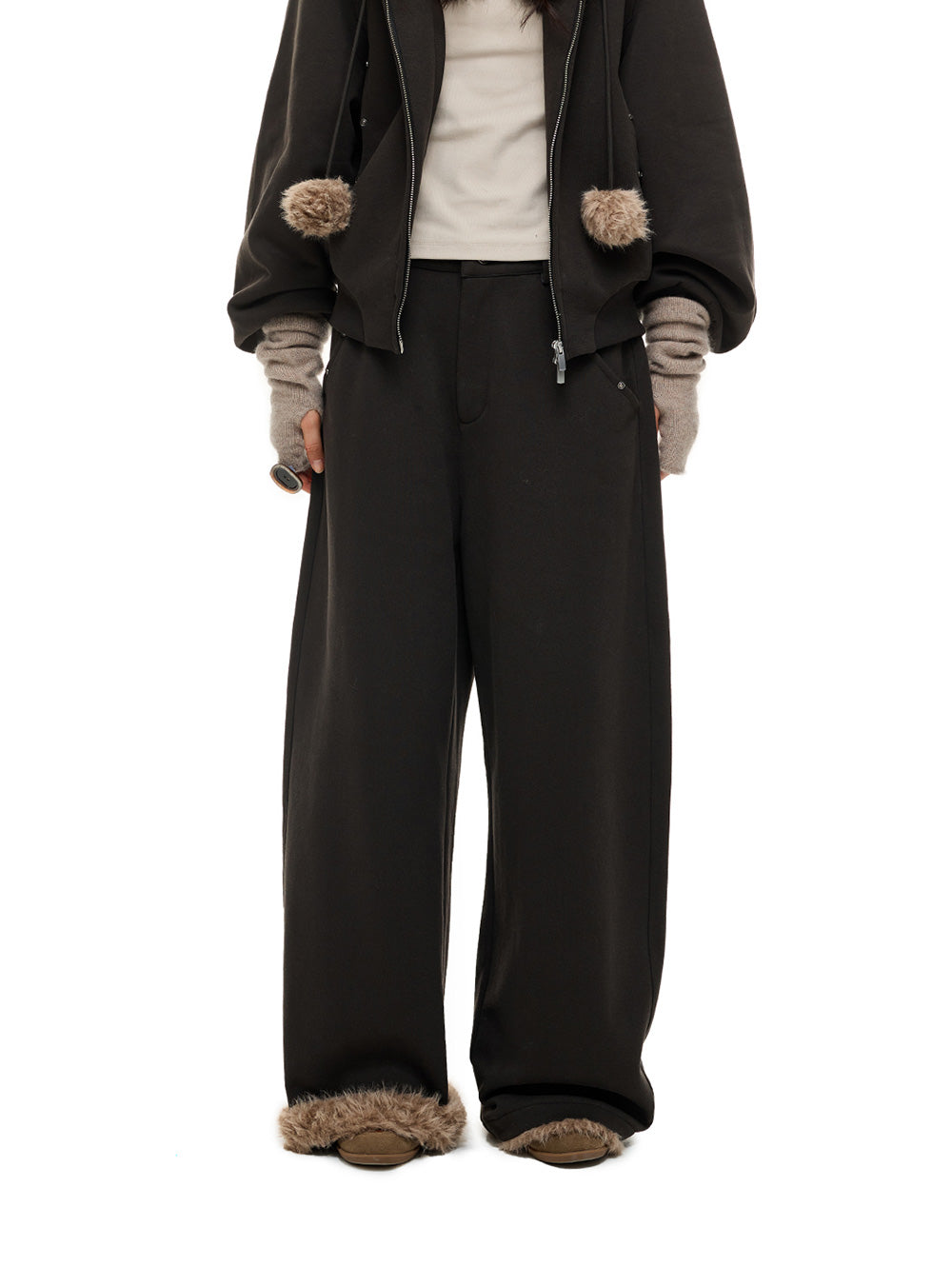 Trim Faux Fur Hoodie & Wide Pants
