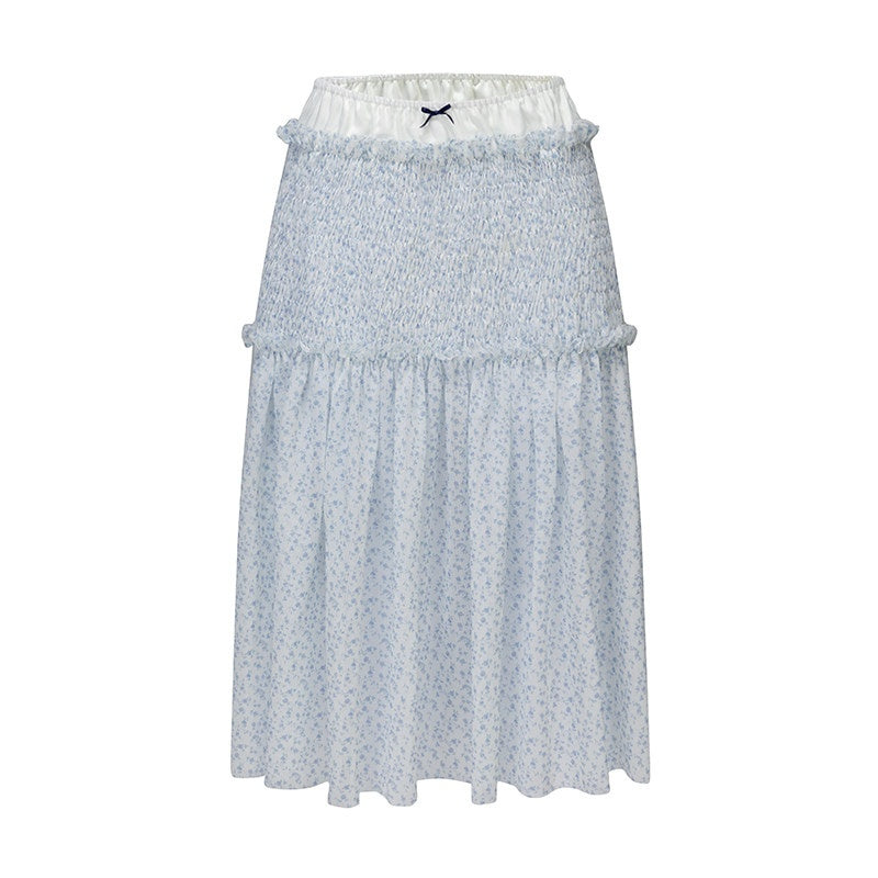 High Stretch Ruffle Pleated Low Waist Casual Women Floral Pink Midi Skirts