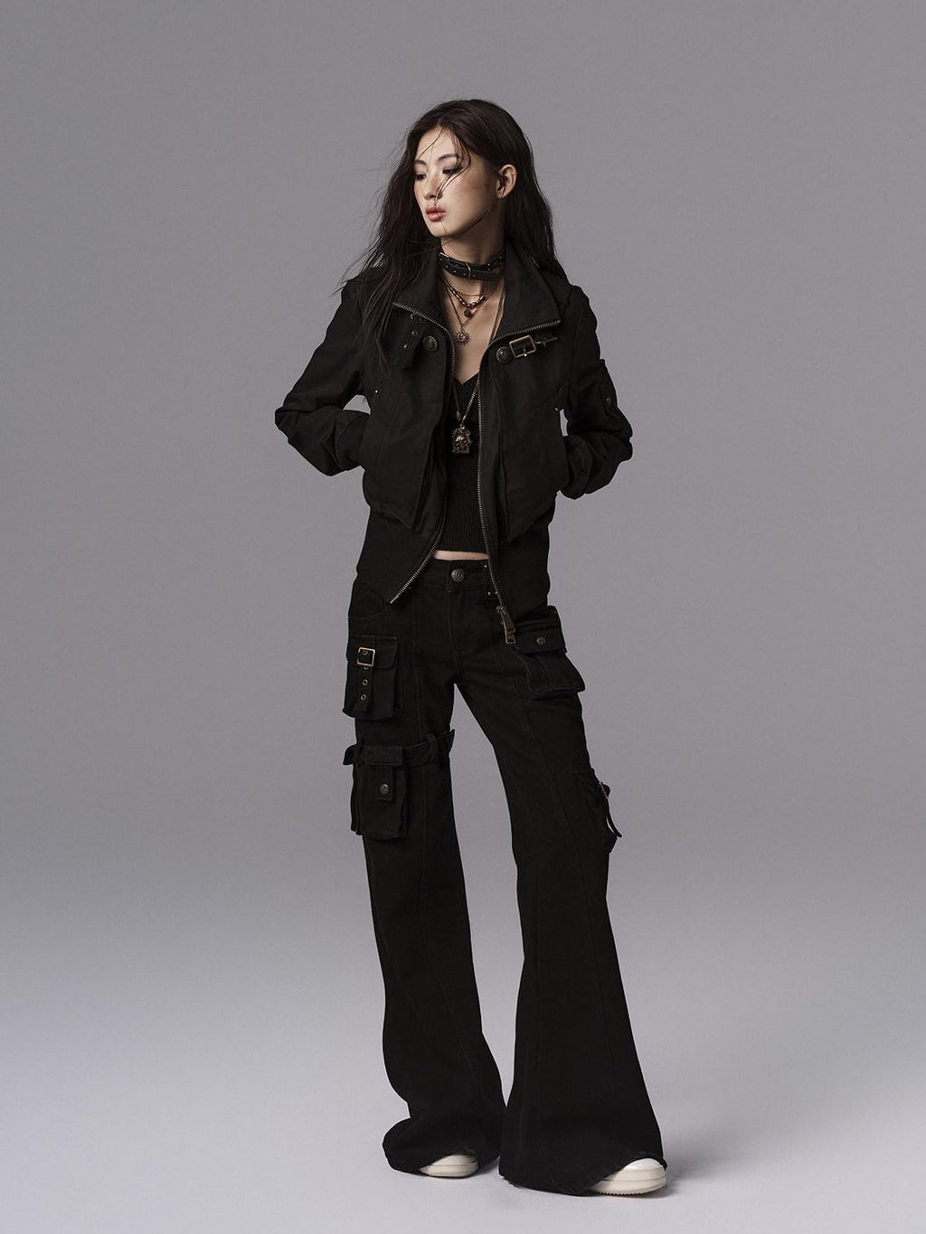 Dark Gothic Flared Mid Rise Pocketed Cotton Zip Fly Women Black Cargo Pants