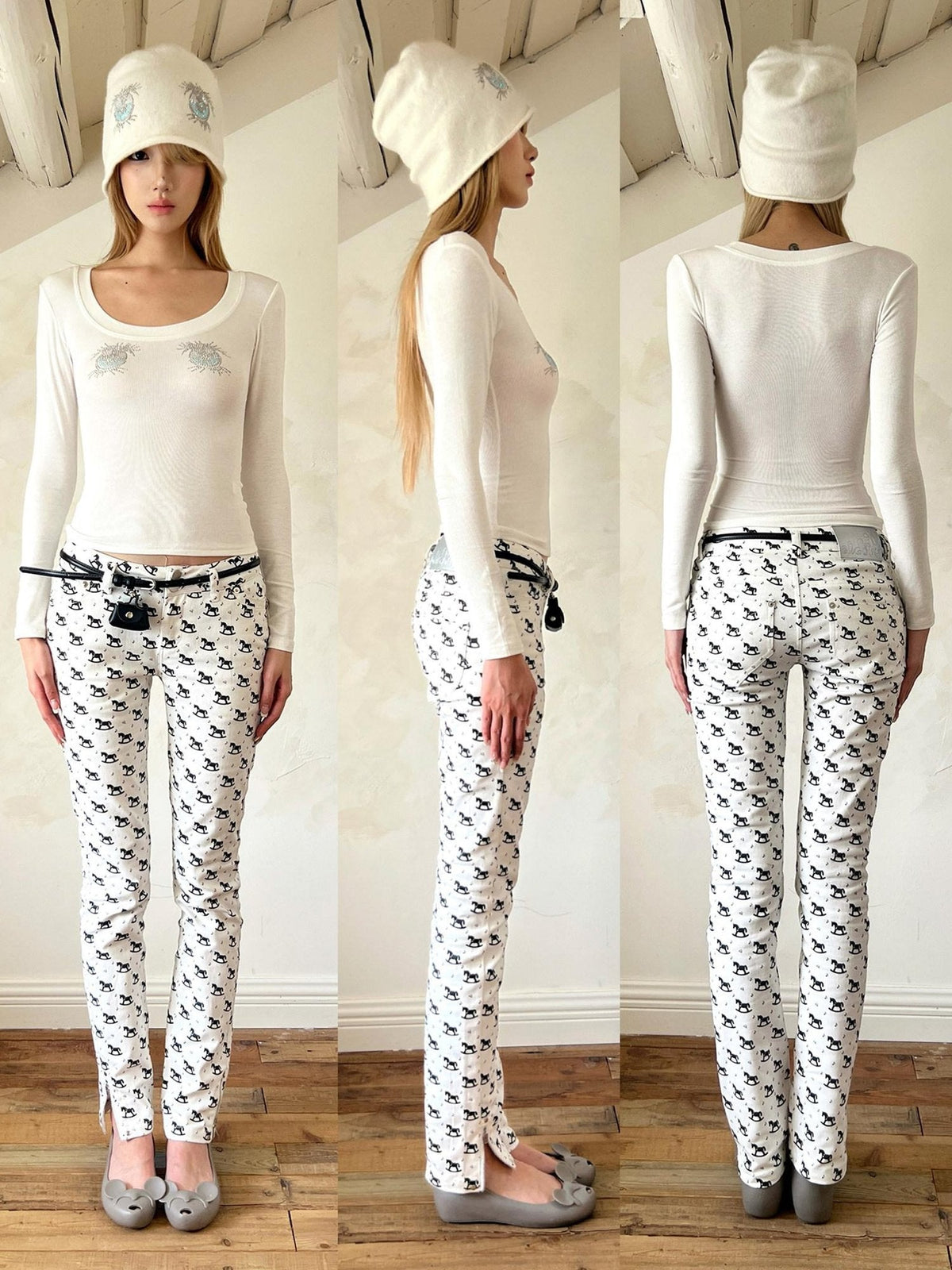 High Stretch Printed Cotton Low Waist Slim Button Fly Straight Pants