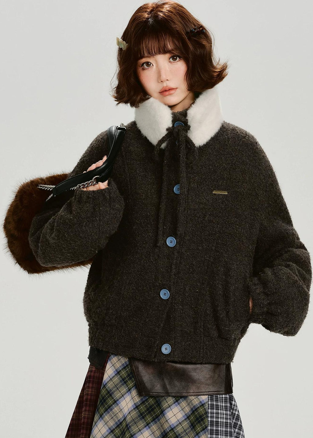 Girlyhalo |  RETRO FUR COLLAR TWEED JACKET【ID:TN00012】