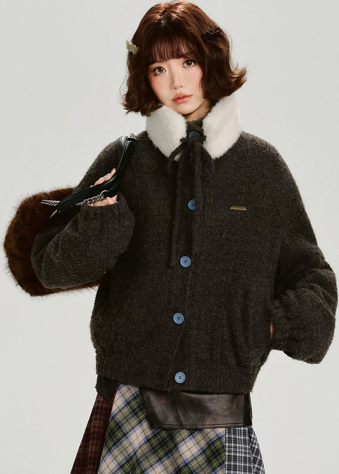 Girlyhalo |  RETRO FUR COLLAR TWEED JACKET【ID:TN00012】