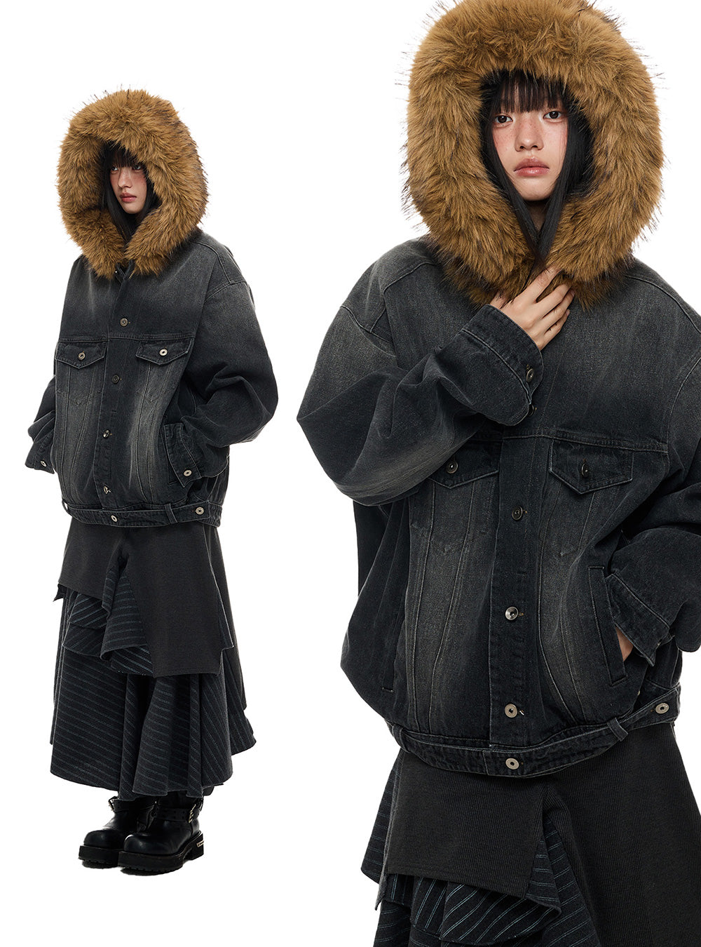 Faux Fur Hood Washed Denim Jacket