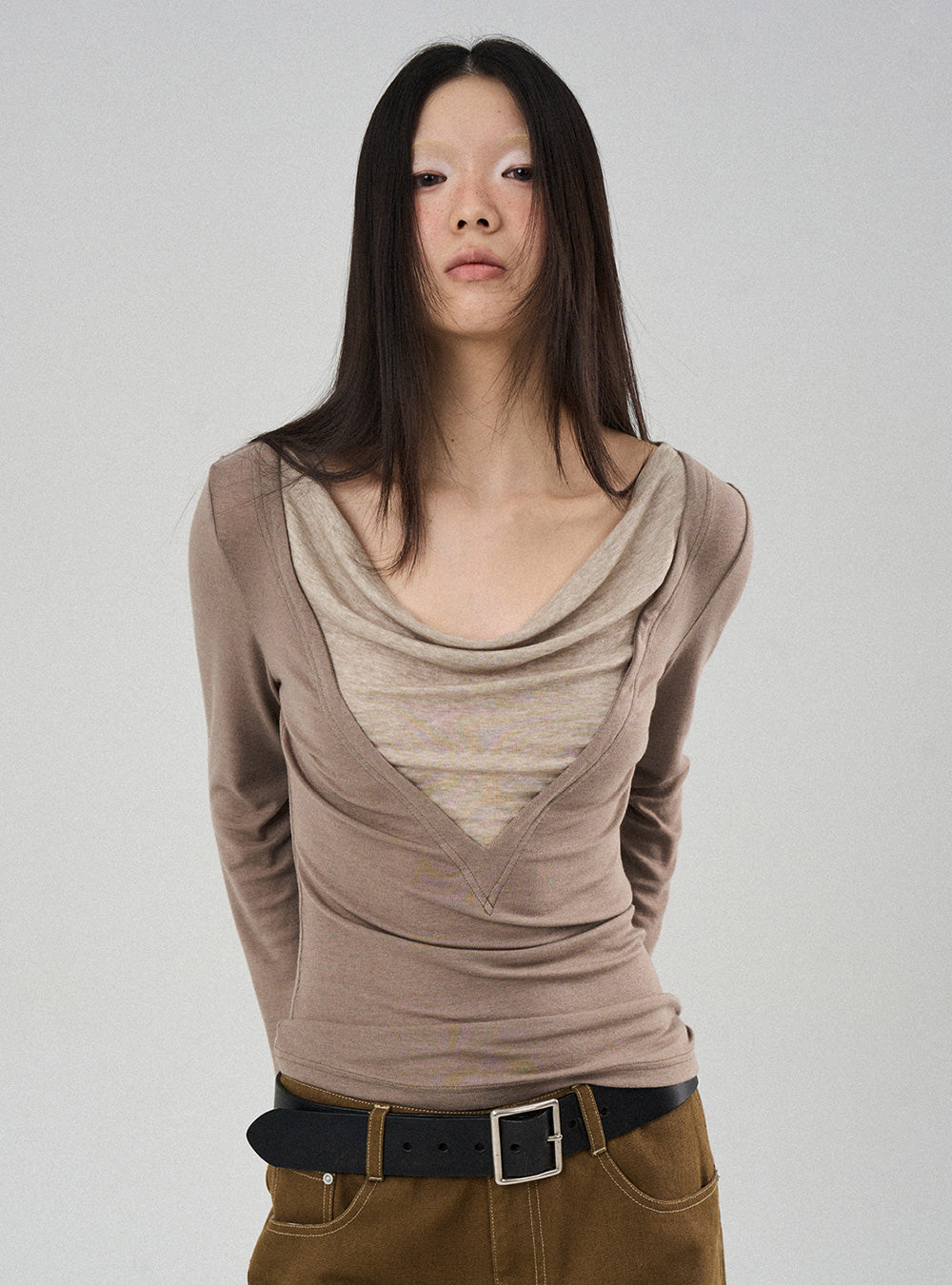 Drape Neck Faux Layered Long Sleeve (2color)