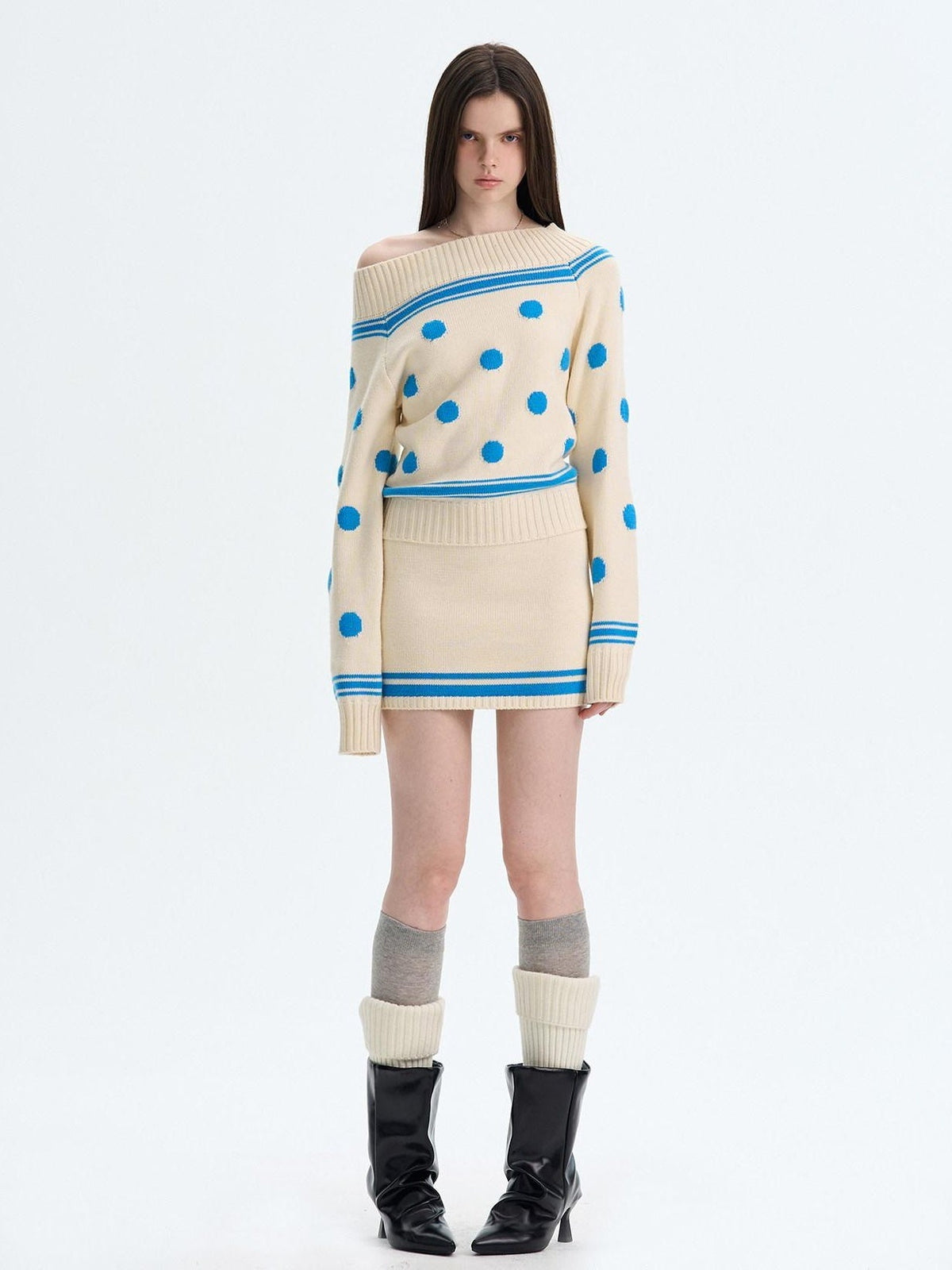 Cozy Thermal Acrylic Wool Polka Dot Boat Neck Relaxed Women Knit Sweaters