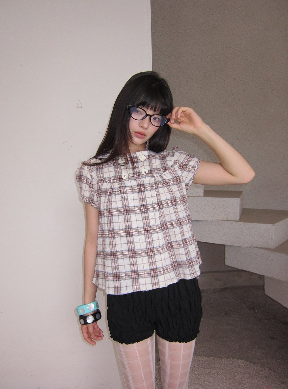Plaid Double Button Top