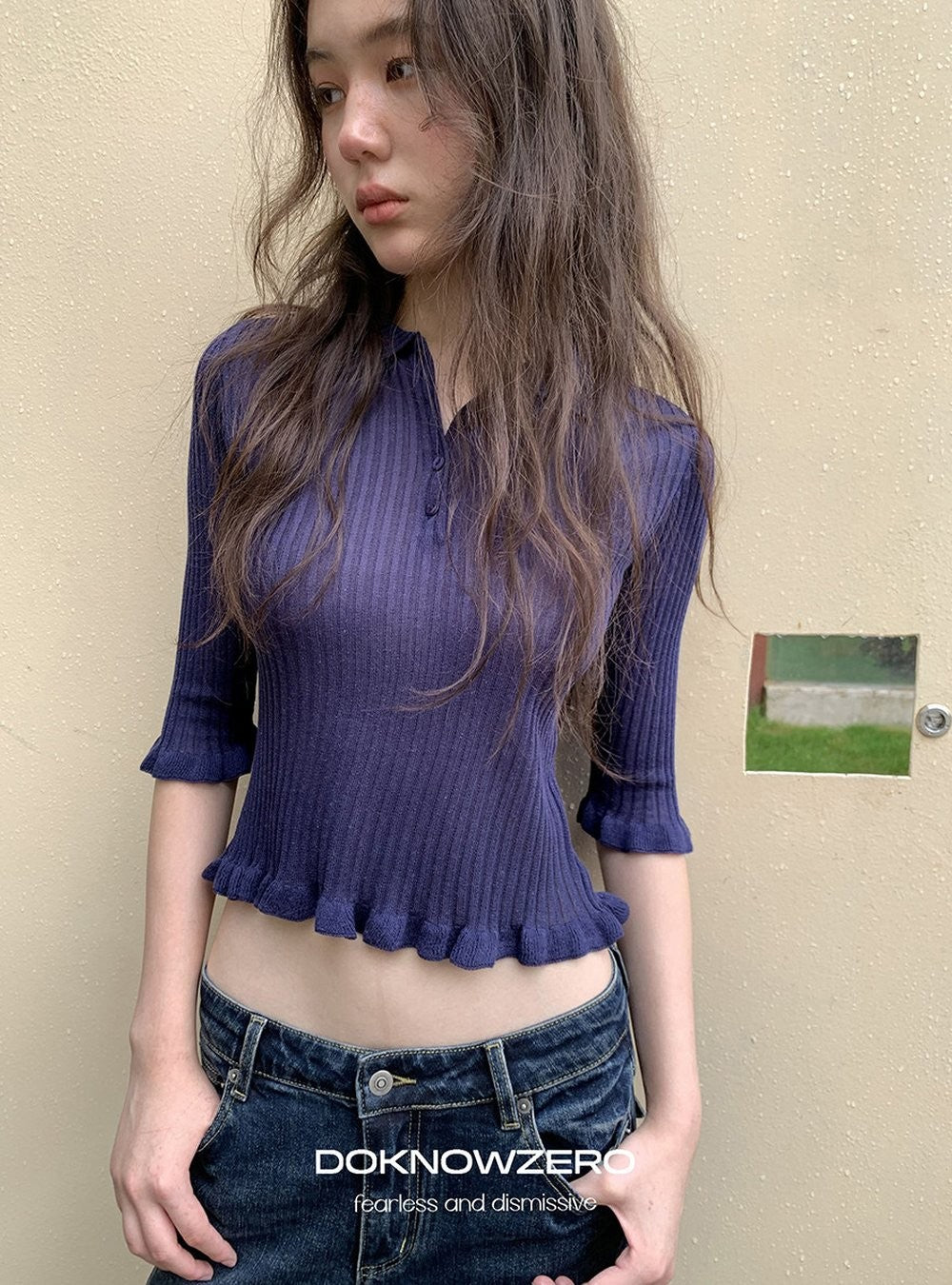 Midnight Ruffle Polo Knit Top