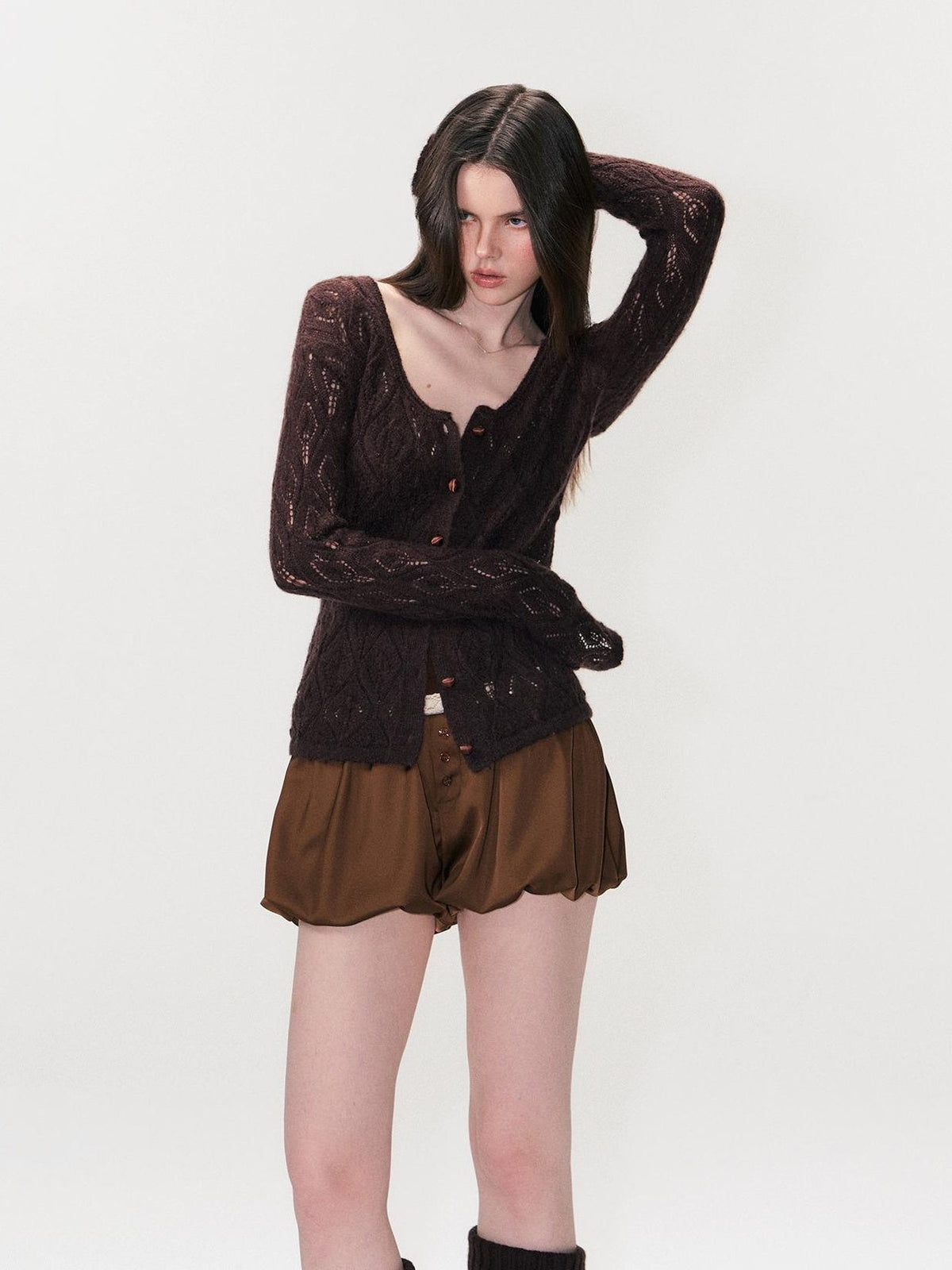 Alpaca Mohair Lightweight Diamond Cropped Button Front Women Knit Cardigans