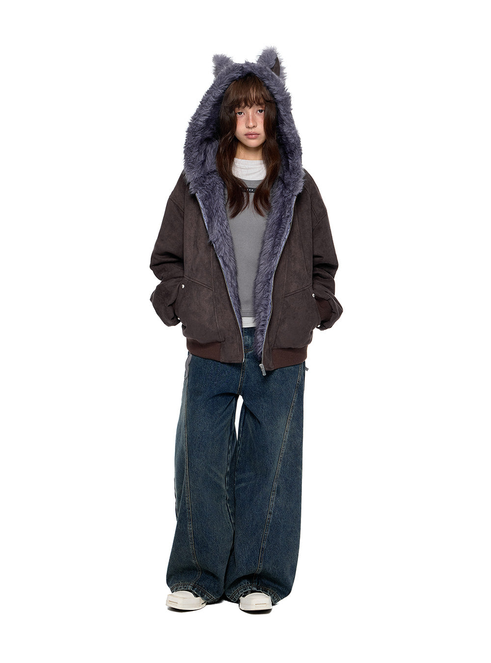 Cat Ear Fur Trim Bomber Jacket (4color)