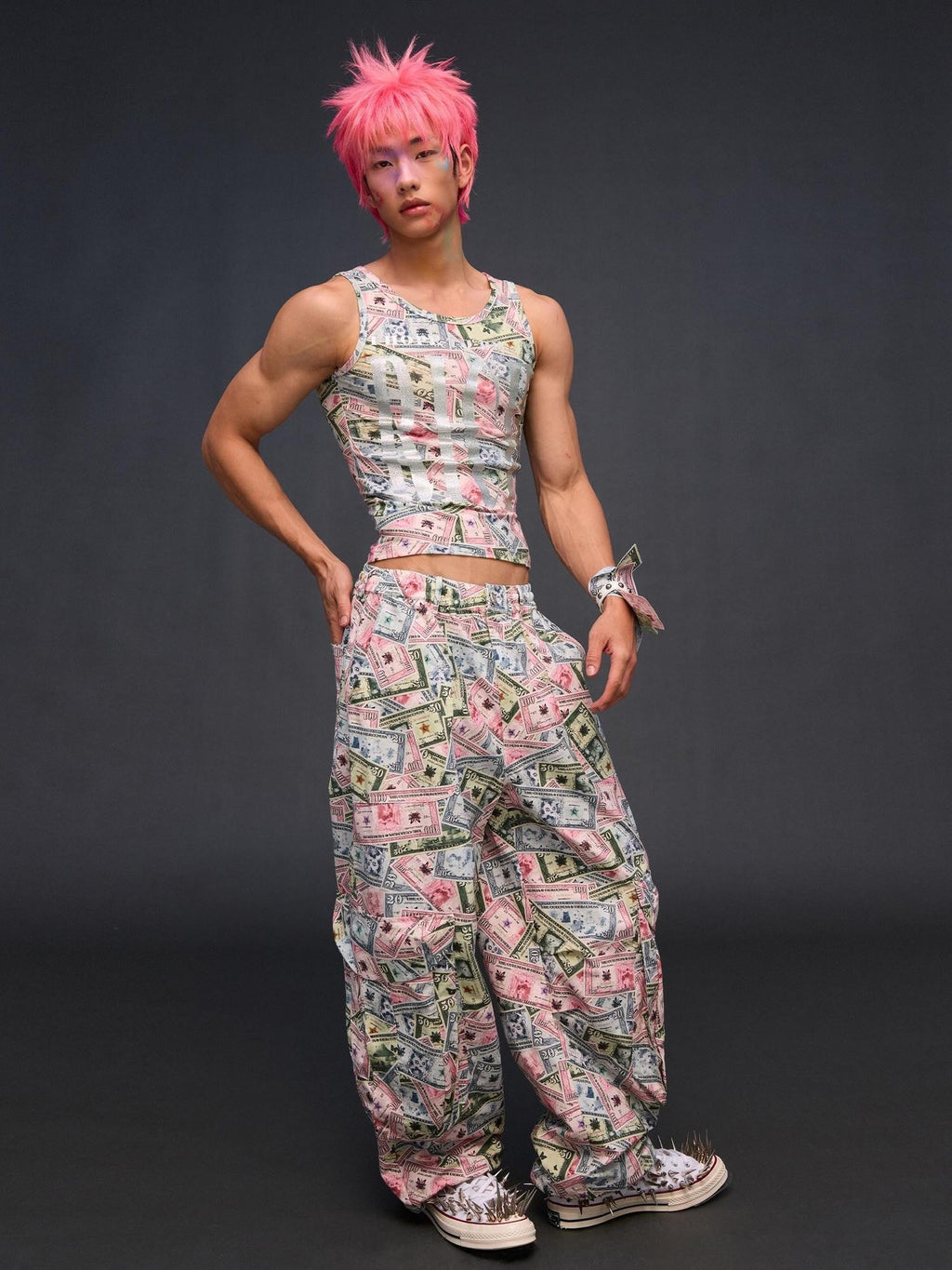 Money Print Cargo Multi Pocket Women'S Cotton Wide-Leg Pants